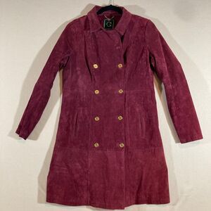 C Wonder Suede Trench Coat Women's Sz 10 Burgundy Red Lined Double Breasted